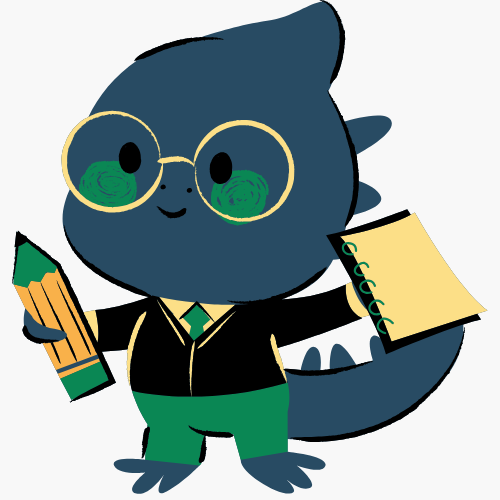 Children's character decoration: Lizard with pencil and paper.