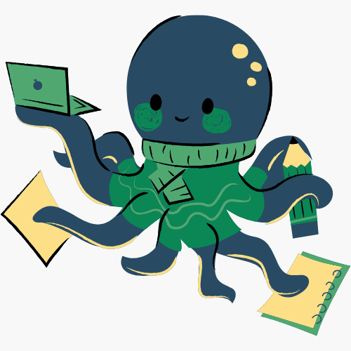 Children's character decoration: Octopus with books and laptop.
