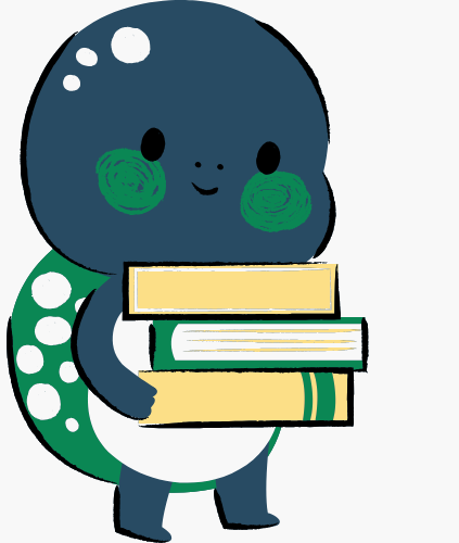 Children's character decoration: Turtle with stack of books.